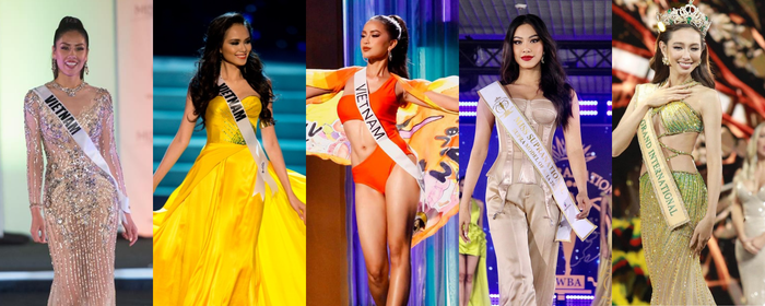  5 Hoa - Á hậu Việt được dự thi quốc tê 2-3 lần từ trái đếm qua gồm: Loan Nguyễn, Diễm Hương, Ngọc Châu, Kim Duyên, Thùy Tiên. 