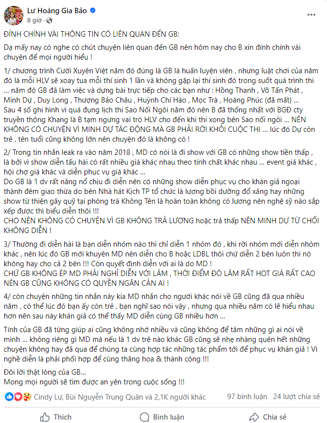 Gia Bảo đính chính một số thông tin liên quan đến Minh Dự. 