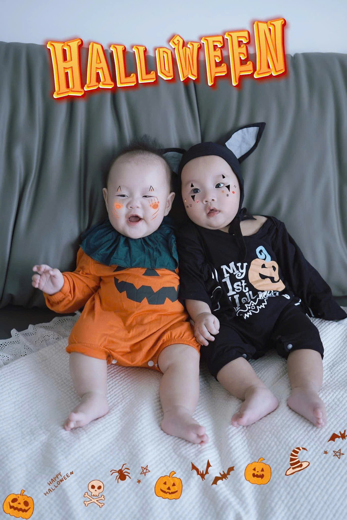 2 nhóc tỳ nhà Phương Oanh thích thú khi được mẹ diện trang phục Halloween.