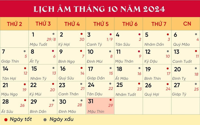 Lịch âm hôm nay 31/10/2024.