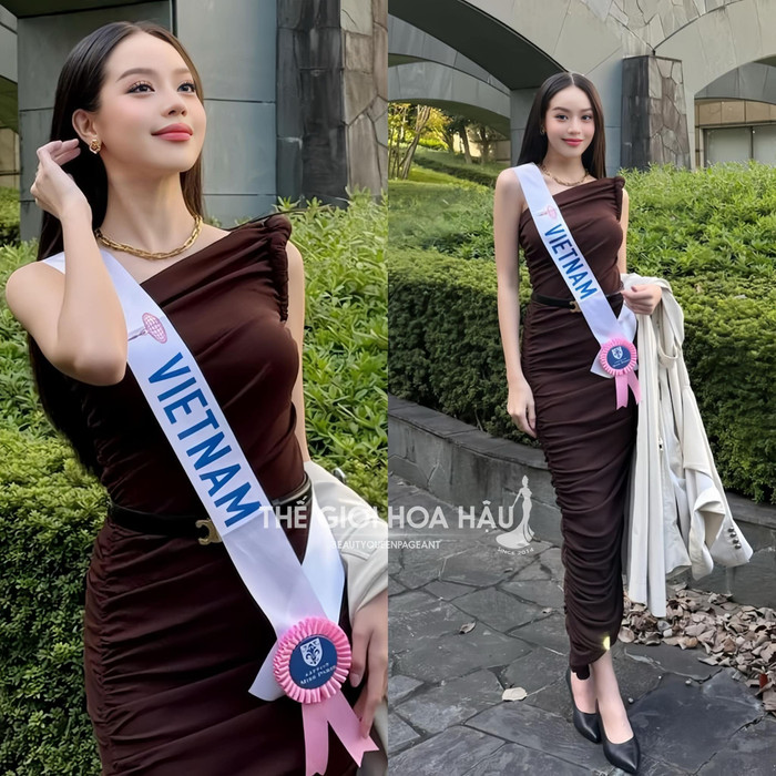 Thanh Thủy thả dáng trong bộ váy màu nâu đơn sắc (Ảnh: Thế giới hoa hậu).