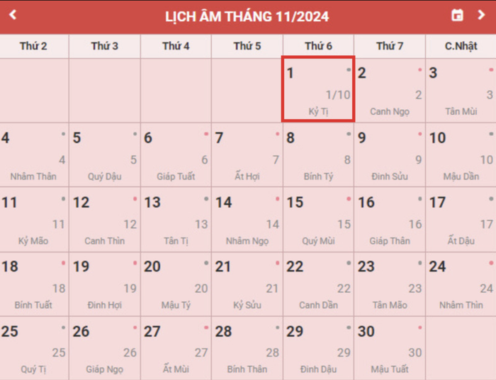 Lịch âm hôm nay 1/11/2024.