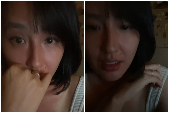 Mai Phương Thúy để mặt mộc, vừa say, vừa hát, vừa chào khán giả. 