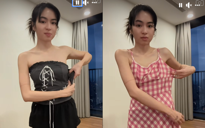 Nữ diễn viên Đỗ Khánh Vân buồn bã khi những món đồ cô ướm lên người đều bị rộng quá mức. Ảnh: Chụp màn hình