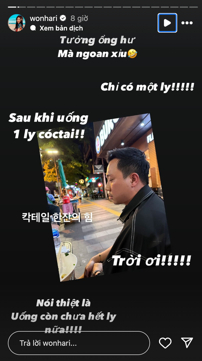Hari Won bối rối vì thấy Trấn Thành say xỉn chỉ với một ly cocktail. Ảnh: Chụp màn hình