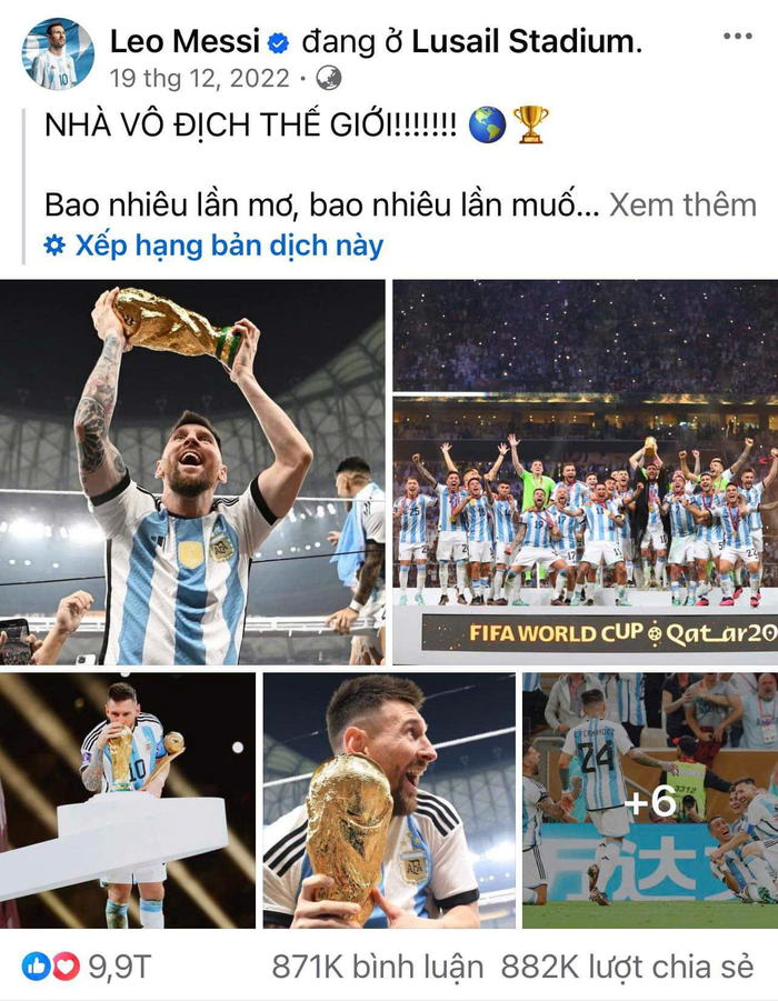 Bức ảnh lịch sử khi Messi cùng đội tuyển Argentina lên ngôi ' Nhà vô địch bóng đá thế giới' chưa cán mốc được 1 triệu lượt share. 