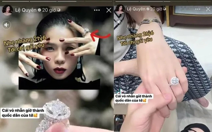 Lệ Quyên từng gây choáng với chiếc nhẫn kim cướng có giá 2,6 tỷ. &nbsp;Mẫu nhẫn này được Lệ Quyên gọi là 'vỏ nhẫn quốc dân', thường xuyên được cô đeo trong các buổi biểu diễn hay sự kiện quan trọng.