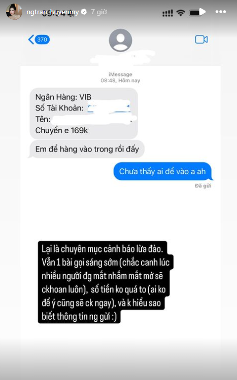 Á hậu Huyền My lại bị lừa đảo. Ảnh chụp màn hình