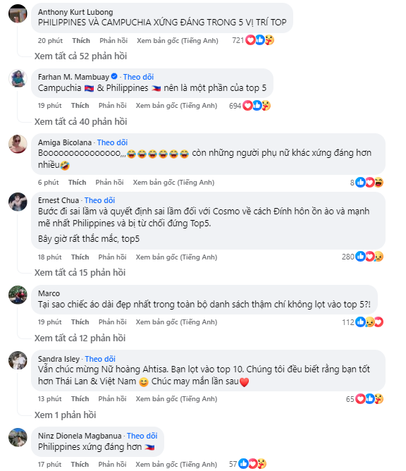 Khán giả quốc tế phản ứng gay gắt trước kết quả top 5 Miss Cosmo.