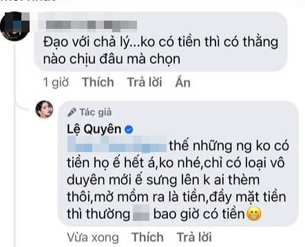Lệ Quyên 'xù lông' đáp trả khi bị mỉa mai 'nhiều tiền mới có người yêu'. 