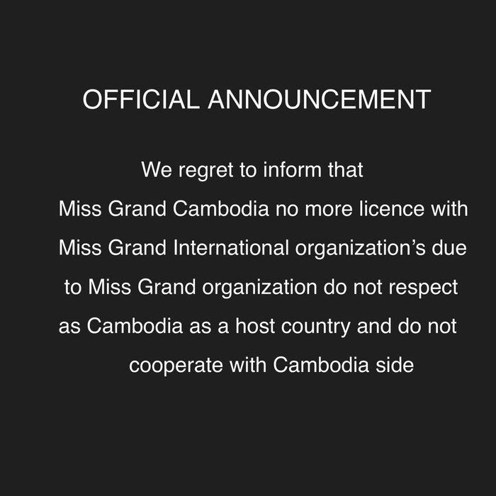 Miss Grand Cambodia thông báo không còn hợp tác với tổ chức Miss Grand International.