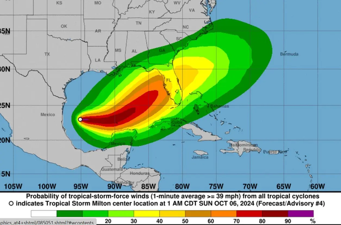 Dự báo đường đi và ảnh hưởng của bão Milton. (Ảnh: National Hurricane Center)