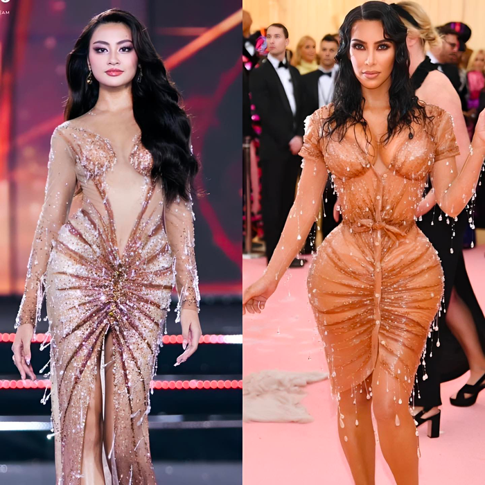 Thiết kế váy dạ hội của Xuân Hạnh và Kim Kardashian bị soi giống nhau ở nhiều chi tiết. Xuân Hạnh vướng tin đồn 'nhái váy' của Kim Kardashian.