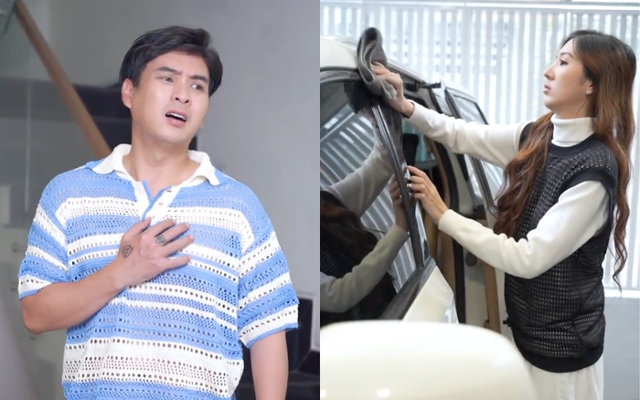 Hồ Quang Hiếu bối rối vì vợ bình thản dùng khăn rửa mặt của chồng để lau dọn nhà cửa. Ảnh: Chụp màn hình