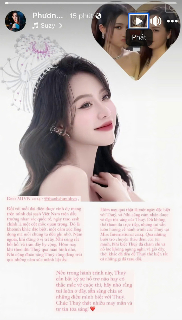 Trên trang cá nhân, Á hậu Phương Nhi cho biết luôn dõi theo hành trình của Thanh Thủy tại Miss International 2024. Nàng hậu xứ Thanh ghi nhận sự nỗ lực, cố gắng không ngừng nghỉ của người kế nhiệm về trọng trách đại diện quốc gia.  