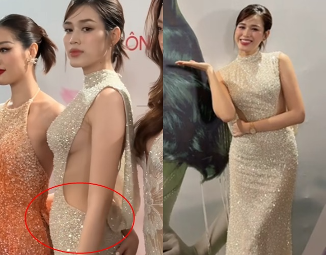 Thiết kế của chiếc váy khiến Đỗ Thị Hà không tự tin trước ống kính. Nhiều người cho rằng cô cũng cảm nhận được khuyết điểm hình thể nên tự lấy tay che chắn trước bụng. 