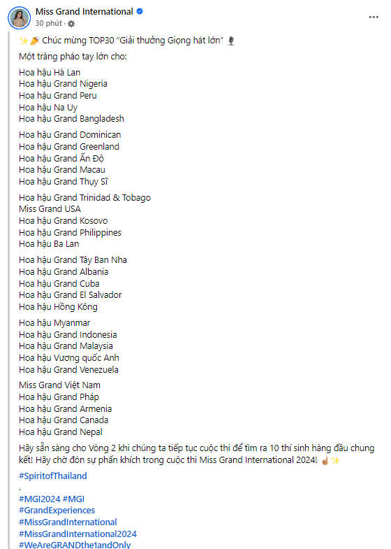 Top 30 Miss Grand Voice được công bố.