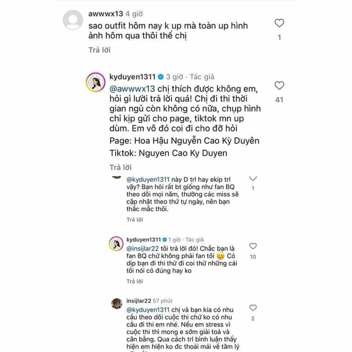 Hoa hậu Kỳ Duyên đáp trả bình luận của người hâm mộ. 