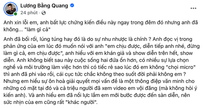 Bài viết mới nhất của Lương Bằng Quang nhắc đến vụ việc Ngân 98 bị fan cuồng quấy rối đang thu hút sự chú ý từ phía cư dân mạng. Ảnh: FBNV
