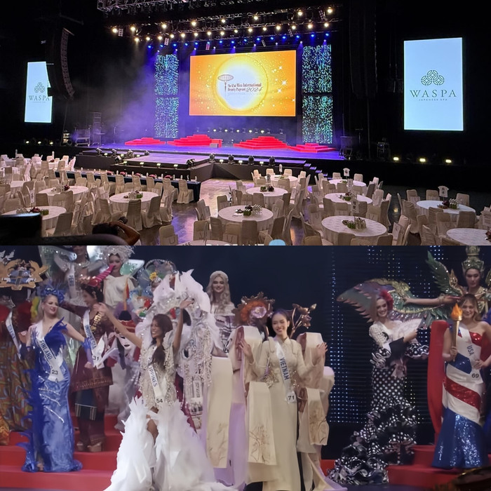 Sân khấu Miss International bị chê hạn chế, thí sinh chen chúc.