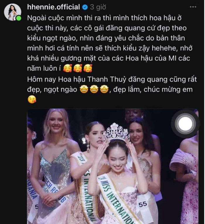 H'Hen Niê đăng tải dòng tâm trạng nói về chiến thắng của Thanh Thủy. 