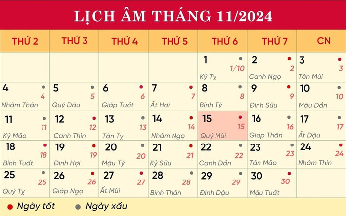 Lịch âm hôm nay 15/11/2024.