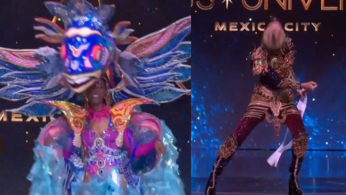 Đại diện Bahamas bị sập phần phụ kiện cánh đeo, đại diện Thailand rơi nón khi diễn trang phục dân tộc.