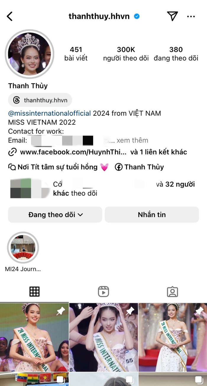 Tài khoản Instagram cá nhân của Thanh Thuỷ đạt cột mốc tròn 300 nghìn người theo dõi vào tối 16/11. Ảnh: Chụp màn hình