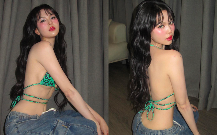 Ngọc Trinh diện bikini nhỏ xíu cùng quần jean thùng thình, để lộ đường chân ngực đầy đặn, nóng bỏng.