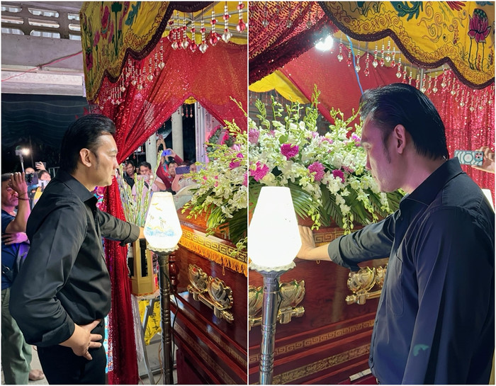 Nam nghệ sĩ nghẹn ngào bên linh cữu của con gái nuôi. Dù đang bận lịch trình nhưng anh vẫn thu xếp công việc, về Vĩnh Long ngay trong đêm. (Ảnh: FBNV)