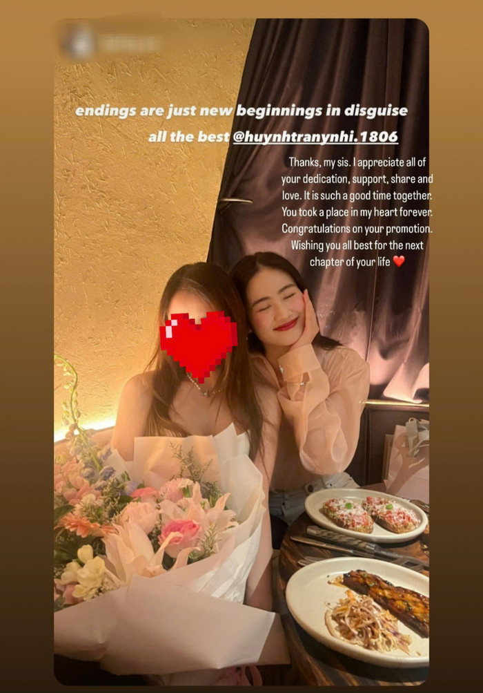 Thực tế, Hoa hậu Ý Nhi đã dùng bữa cùng một người chị em thân thiết đang sinh sống tại Úc. Trên trang cá nhân, người chị em gửi lời cảm ơn chân thành đến Hoa hậu Ý Nhi vì quãng thời gian tuyệt vời khi ở cạnh nhau. “Cảm ơn người chị em của tôi. Tôi trân trọng tất cả sự ủng hộ, hỗ trợ, chia sẻ và yêu thương của bạn. Đó là quãng thời gian bên nhau tuyệt vời. Bạn mãi mãi giữ một vị trí quan trọng trong tim tôi. Chúc tất cả mọi điều tốt đẹp dành cho bạn ở hành trình sắp đến”.