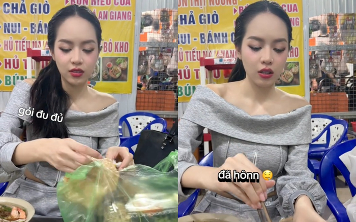 Hoa hậu Thanh Thuỷ vui vẻ tận hưởng những món ăn đường phố sau một ngày dài làm việc. Ảnh: Chụp màn hình