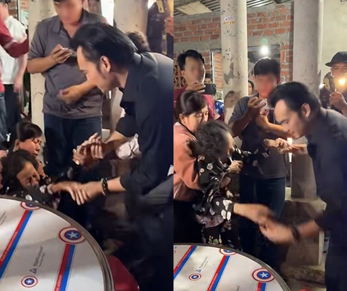 Bà ngoại của Kim Tiểu Ly bật khóc, phải nhờ người dìu dậy khi nhìn thấy NSƯT Kim Tiểu Long ở tang lễ. (Ảnh chụp màn hình từ FBNV)