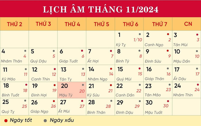 Lịch âm hôm nay 20/11/2024.