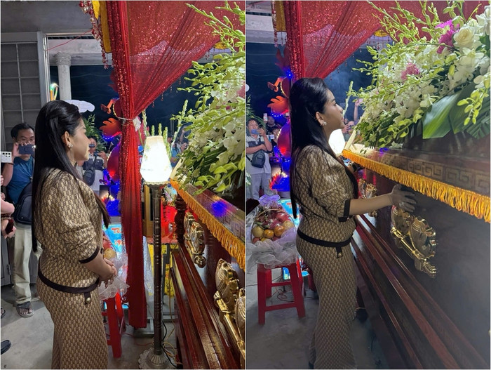 Khoảnh khắc nữ nghệ sĩ đứng lặng bên linh cữu của con gái nuôi NSƯT Kim Tiểu Long khiến nhiều khán giả chạnh lòng. (Ảnh: FBNV)