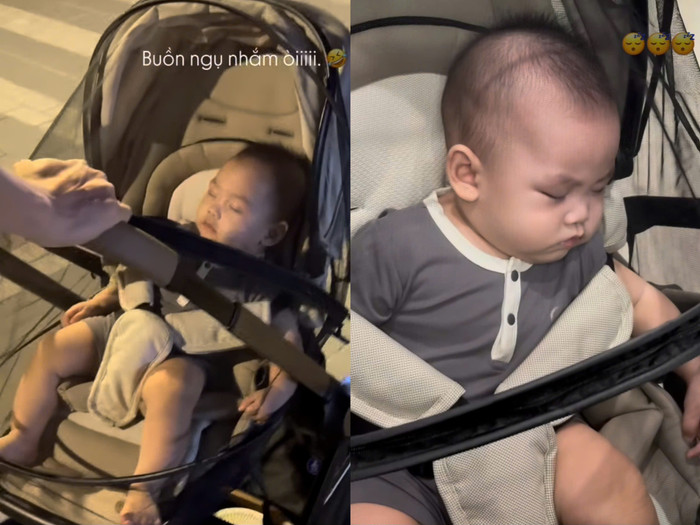 Bé Lúa - con trai Doãn Hải My - Đoàn Văn Hậu ngủ gật gù khi được bố mẹ đẩy đi dạo phố xá.