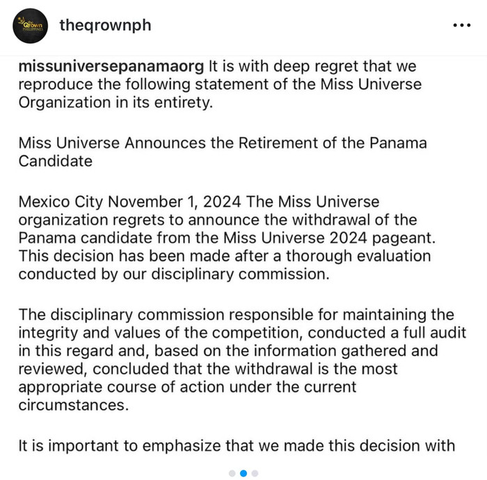 Nội dung thông cáo báo chí tổ chức Miss Universe 2024 mới công bố. 