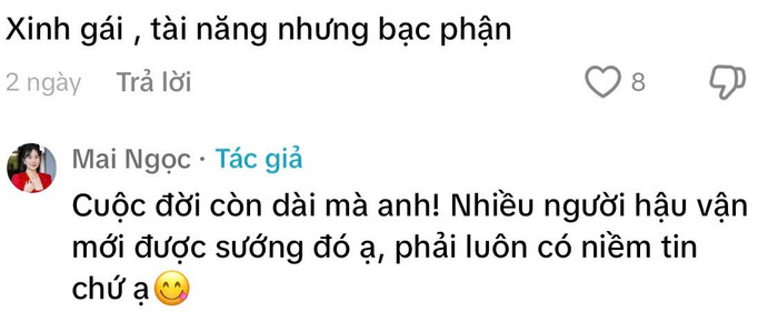 Mai Ngọc phản hồi tinh tế khi bị nói xinh gái bạc phận. Ảnh: Chụp màn hình