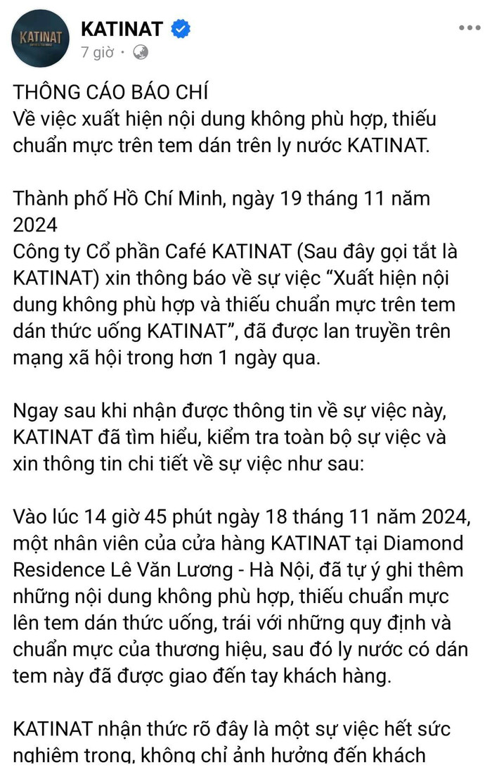 KATINAT xin lỗi trên fanpage chính thức