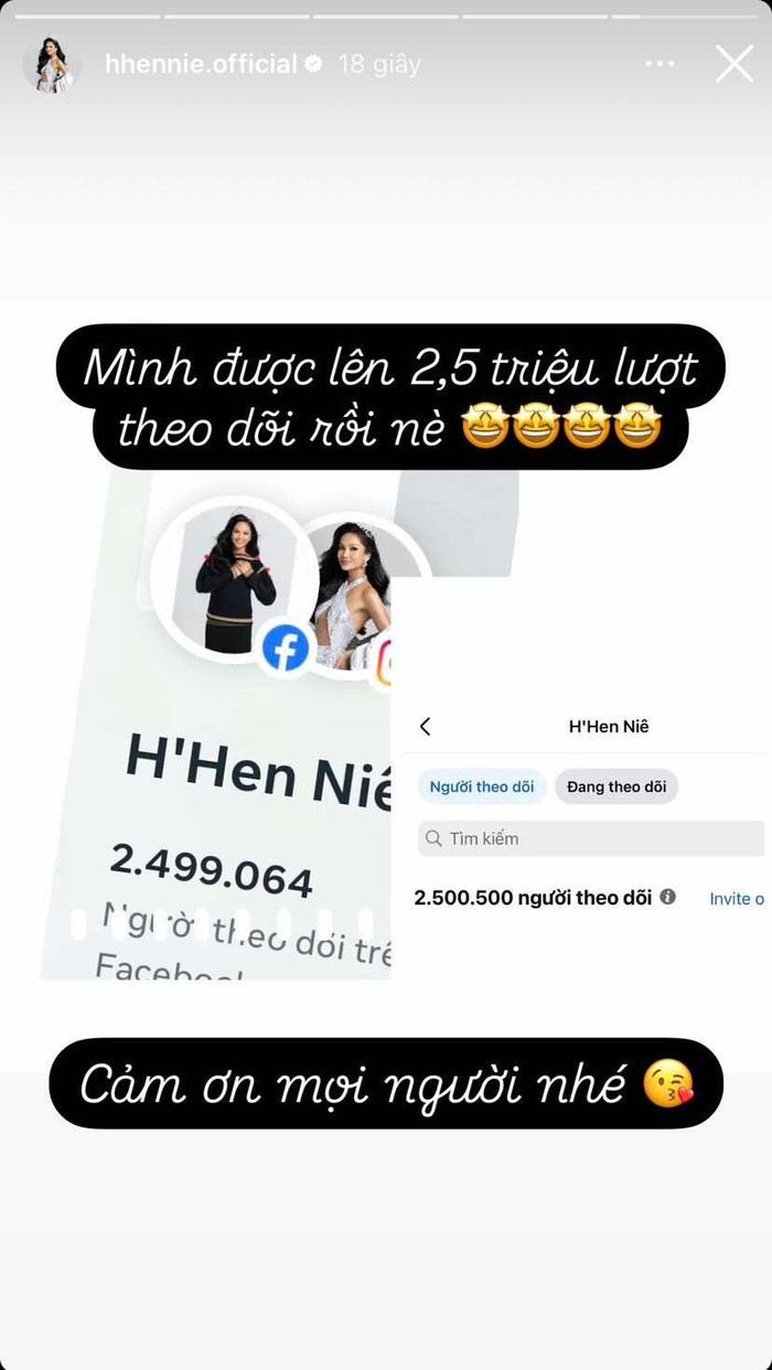 Không chỉ khoe con số ấn tượng trên trang page có tích xanh, H'Hen Niê còn vui vẻ nói thêm: 'Cảm ơn mọi người nhé'. Ảnh: Chụp màn hình