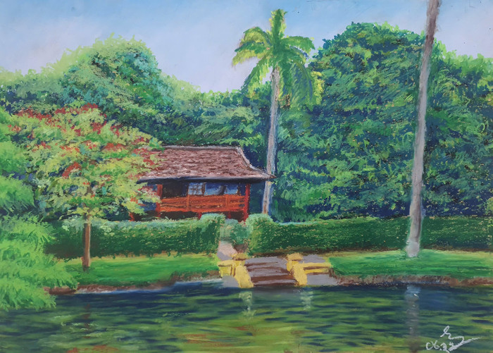 Thành viên nhỏ tuổi nhất của triển lãm, bạn Nguyễn Gia Long, 15 tuổi với những bức tranh đầy sinh động, trong veo và rực rỡ về những căn biệt thự trong Phủ Chủ tịch hay hình ảnh những đàn cá vàng sống động trong chuyến đi trải nghiệm học đường của học sinh.