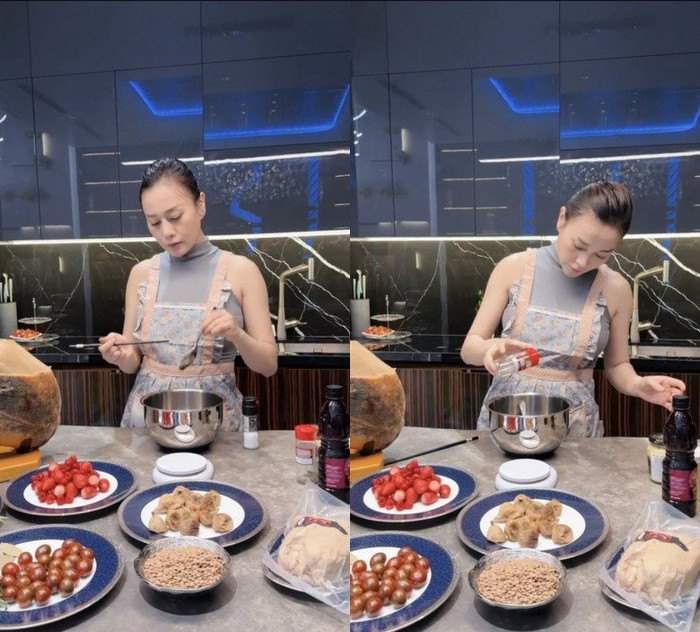 Phương Oanh hạnh phúc vì được nấu nướng cho người thân ăn. (Ảnh chụp màn hình)