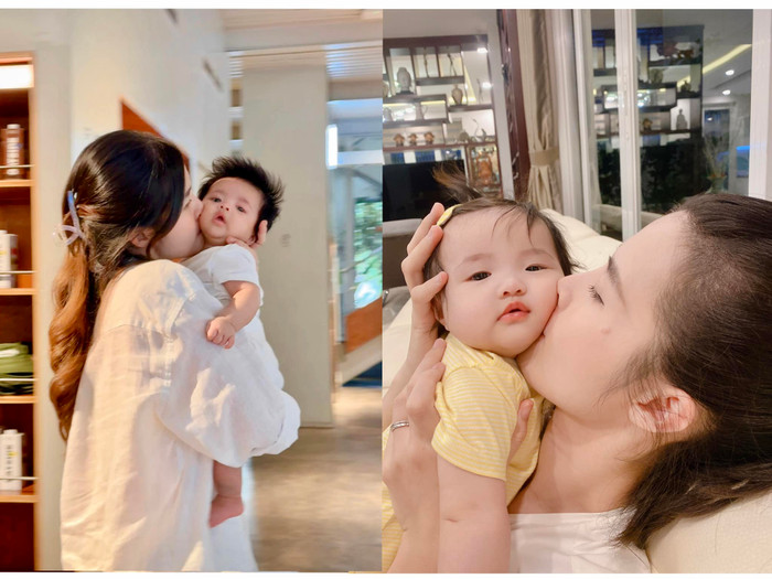 Đông Nhi vui vẻ thể hiện tình cảm với các con thông qua hành động ôm, hôn má. Ảnh: FBNV