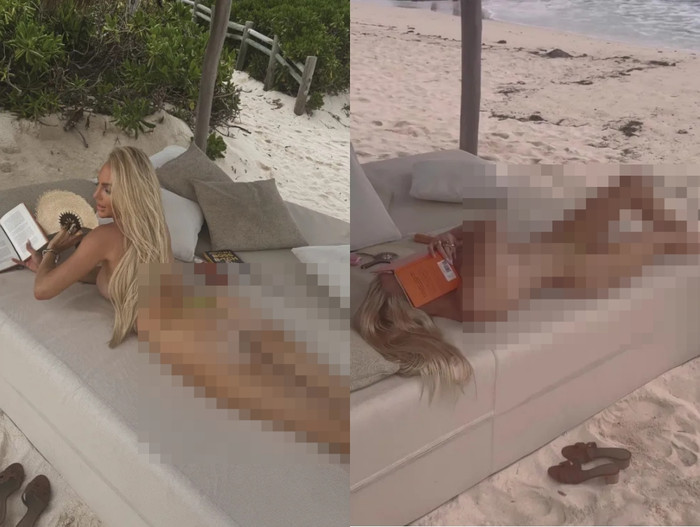 Nữ người mẫu gây bất ngờ khi cởi trần tắm nắng.