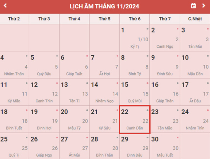 Lịch âm hôm nay 22/11/2024.