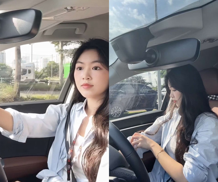 Lọ Lem, con gái Quyền Linh tự tin cầm lái ô tô bạc tỷ đi học ở tuổi 18. (Ảnh chụp màn hình TikTok nhân vật)