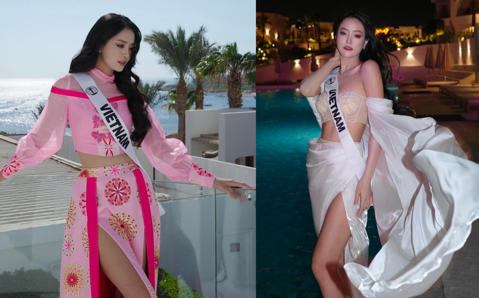 Váy áo của Á hậu Khánh Linh 'trưng dụng' đường xẻ tà cao, form dáng trễ nải, khoe triệt để ưu điểm của hình thể.