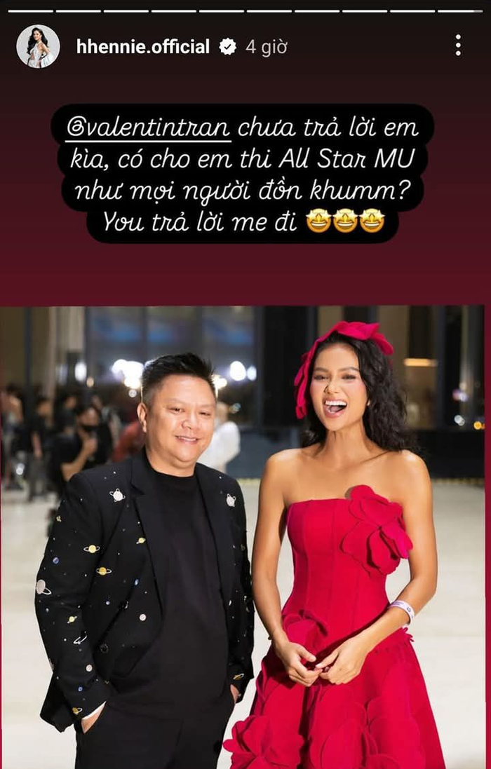 Hoa hậu H'Hen Niê hỏi chủ tịch Miss Universe Vietnam có cho phép mình thi mùa giải 'All Star' trong tương lai. 