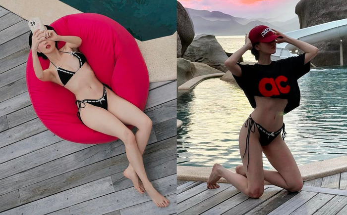 Ở mẫu bikini màu đen, Ngọc Trinh cũng áp dụng công thức phối đồ tương tự.