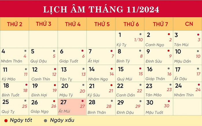 Lịch âm hôm nay 27/11/2024.